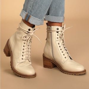 Seychelles Off White Leather Mid-Calf Lace-Up Boots
